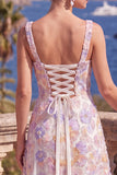 Green A-Line Square Neck Beaded Midi Floral Dress with Lace Up Back