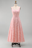 Green A-Line Square Neck Beaded Midi Floral Dress with Lace Up Back