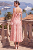 Green A-Line Square Neck Beaded Midi Floral Dress with Lace Up Back
