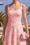 Green A-Line Square Neck Beaded Midi Floral Dress with Lace Up Back