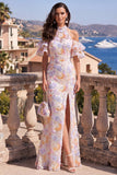 Mermaid Halter Neck Blue Purple Ruffled Floral Maxi Dress with Slit