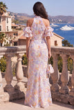 Mermaid Halter Neck Blue Purple Ruffled Floral Maxi Dress with Slit
