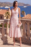 A-Line Blue V-Neck Midi Floral Dress with Beading