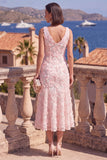 A-Line Blue V-Neck Midi Floral Dress with Beading
