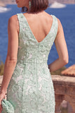 A-Line Blue V-Neck Midi Floral Dress with Beading