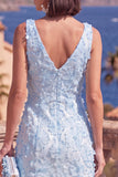 A-Line Blue V-Neck Midi Floral Dress with Beading