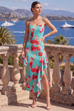 Pink Red Flower A-Line Spaghetti Straps Pleated Ruffled Midi Dress with Slit