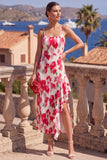 Pink Red Flower A-Line Spaghetti Straps Pleated Ruffled Midi Dress with Slit