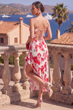 Pink Red Flower A-Line Spaghetti Straps Pleated Ruffled Midi Dress with Slit