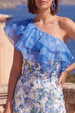 One Shoulder Blue Bodycon Ruffled Midi Floral Dress with Slit