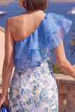 One Shoulder Blue Bodycon Ruffled Midi Floral Dress with Slit
