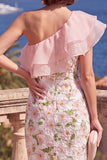 One Shoulder Blue Bodycon Ruffled Midi Floral Dress with Slit