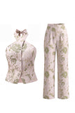 Green Flower 2-Piece Halter Neck Single Breasted Jacquard Women Suits