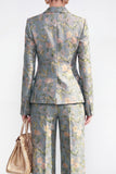 Peak Lapel Grey Blue 2 Piece Single Breasted Floral Women Suits