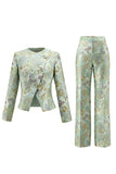 Green Flower 2 Piece Round Neck Single Breasted Jacquard Women Suits