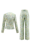 Green Flower 2 Piece Round Neck Single Breasted Jacquard Women Suits