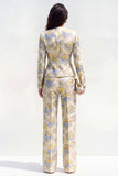 Yellow Flower 2 Piece Round Neck Single Breasted Jacquard Women Suits