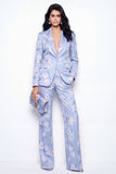 Blue Notch Lapel 2 Piece Jacquard One Button Slim Fit Women Suits