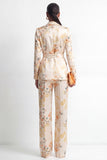 2 Piece Champagne Shawl Lapel Satin Floral Women Suits with Belt