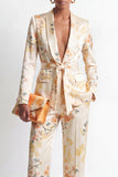 2 Piece Champagne Shawl Lapel Satin Floral Women Suits with Belt