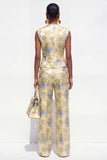 Yellow Flower 2 Piece V-Neck One Button Jacquard Women Suits