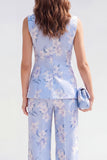 2 Piece Blue Shawl Lapel One Button Jacquard Floral Women Suits