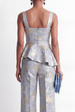 Grey Blue Square Neck Jacquard 2 Piece Ruffled Women Suits