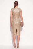 Sparkly Golden Round Neck Bodycon Sequins Midi Work Dress with Slit