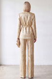 2 Piece Golden V-Neck Jacquard Women Suits with Belt
