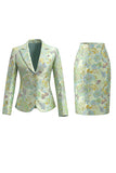 Green Flower 2 Piece Peak Lapel Single Breasted Jacquard Work Dress with Slit