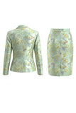 Green Flower 2 Piece Peak Lapel Single Breasted Jacquard Work Dress with Slit