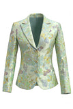 Green Flower 2 Piece Peak Lapel Single Breasted Jacquard Work Dress with Slit
