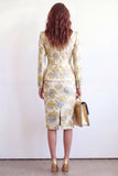 Yellow Flower 2 Piece Peak Lapel Single Breasted Jacquard Work Dress with Slit