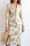 Yellow Flower 2 Piece Peak Lapel Single Breasted Jacquard Work Dress with Slit