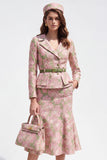 2 Piece Green Pink Flower Notch Lapel Single Breasted Jacquard Midi Work Dress with Belt