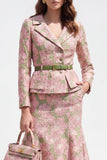 2 Piece Green Pink Flower Notch Lapel Single Breasted Jacquard Midi Work Dress with Belt