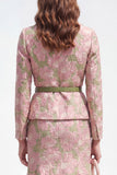 2 Piece Green Pink Flower Notch Lapel Single Breasted Jacquard Midi Work Dress with Belt