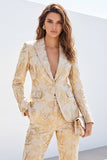 Golden 2 Piece Jacquard Peak Lapel One Button Slim Fit Women Suits