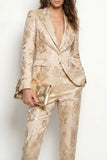 Golden 2 Piece Jacquard Peak Lapel One Button Slim Fit Women Suits