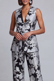 2 Piece Navy Pink Floral V-Neck Women Suits with Belt