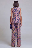 2 Piece Navy Pink Floral V-Neck Women Suits with Belt