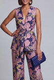 2 Piece Navy Pink Floral V-Neck Women Suits with Belt