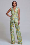 2 Piece Navy Pink Floral V-Neck Women Suits with Belt