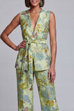 2 Piece Navy Pink Floral V-Neck Women Suits with Belt