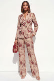 Blush Floral Peak Lapel 2 Piece Double Breasted Women Suits with Pockets