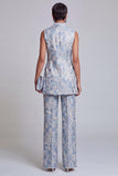 2 Piece Dusty Blue Floral Double Breasted Peak Lapel Women Suits