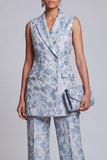 2 Piece Dusty Blue Floral Double Breasted Peak Lapel Women Suits