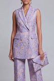 2 Piece Dusty Blue Floral Double Breasted Peak Lapel Women Suits