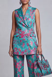 2 Piece Dusty Blue Floral Double Breasted Peak Lapel Women Suits