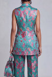 2 Piece Dusty Blue Floral Double Breasted Peak Lapel Women Suits